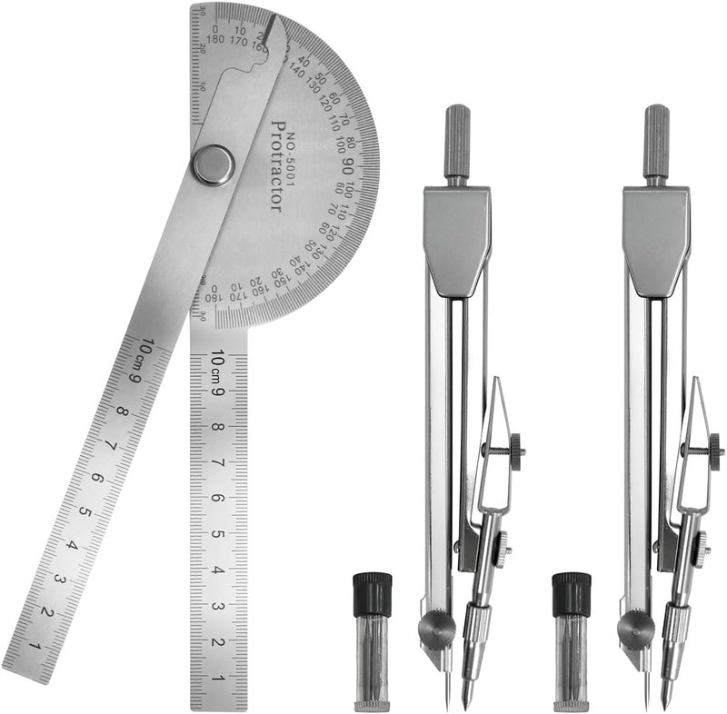EQUNROY Protractor and Compass Set - 10cm (3.94 Inch) Stainless Steel Angle Finder with 2 Metal Compasses, 180° Adjustable Two Arm Ruler for Geometry, Woodworking, Engineering & School Supplies - Image 1